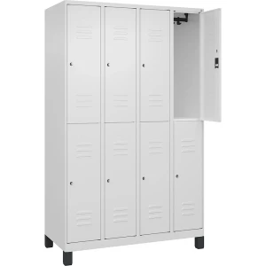 C+P Doppelstock-Spind Classic PLUS, 4 Abteile, verkehrsweiß, HxB 1950 x 1200 mm, mit Füßen, Zylinderschloss