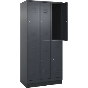 C+P Doppelstock-Spind Classic PLUS, 3 Abteile, grau, HxB 1950 x 900 mm, mit Bodensockel, Zylinderschloss