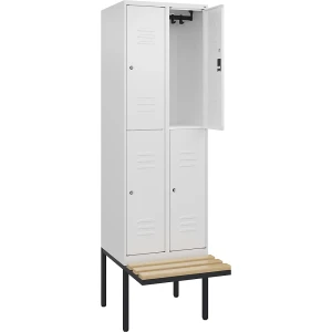C+P Doppelstock-Spind Classic PLUS Sitzbank, 2 Abteile, verkehrsweiß, B 600 mm, Zylinderschloss, auskragend, Buche-Hartholz