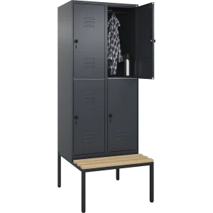 C+P Doppelstock-Spind Classic PLUS Sitzbank, 2 Abteile, grau, B 800 mm, Sicherheits-Drehriegel, untergebaut, Buche-Hartholz