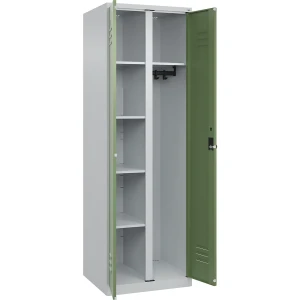 C+P Putzmittelspind Classic PLUS, 1 Abteil, Trennwand mittig, lichtgrau / resedagrün, B 600 mm, mit Bodengleitern, Drehriegel