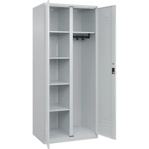 C+P Putzmittelspind Classic PLUS, 1 Abteil, Trennwand mittig, lichtgrau, B 800 mm, mit Bodengleitern, Drehriegel