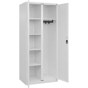 C+P Putzmittelspind Classic PLUS, 1 Abteil, Trennwand mittig, verkehrsweiß, B 800 mm, mit Bodengleitern, Drehriegel