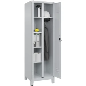 C+P Putzmittelspind Classic PLUS, 1 Abteil, Trennwand mittig, lichtgrau, B 600 mm, mit Füßen, Drehriegel
