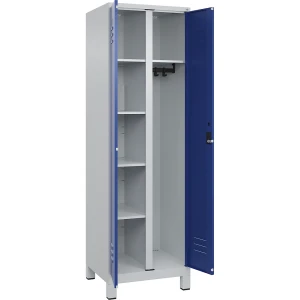 C+P Putzmittelspind Classic PLUS, 1 Abteil, Trennwand mittig, lichtgrau / enzianblau, B 600 mm, mit Füßen, Zylinderschloss