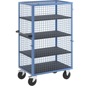 eurokraft pro Etagenwagen, Gitterwand einhängbar, 3 Etagenböden, lichtblau