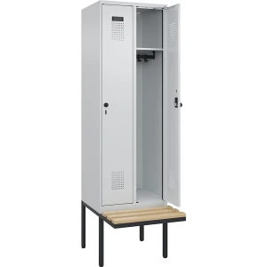 Spind Evolo PLUS Sitzbank, 2 Abteile, lichtgrau / lichtgrau, B 600 mm, Sicherheits-Drehriegel, mit auskragender Sitzbank, Buche kaiserkraft