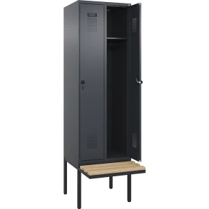 Spind Evolo PLUS Sitzbank, 2 Abteile, grau, B 600 mm, Sicherheits-Drehriegel, mit auskragender Sitzbank, Buche kaiserkraft