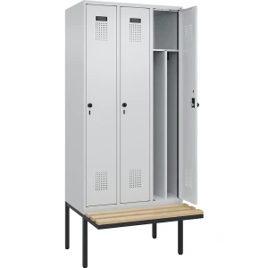 kaiserkraft Schwarz-Weiß-Spind Evolo PLUS Sitzbank, schmal, 3 Abteile, verkürzte Trennwand mittig, lichtgrau / lichtgrau, B 900 mm,