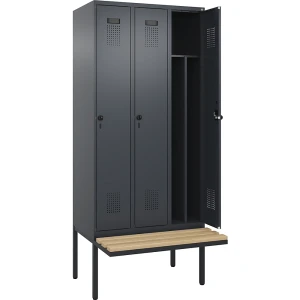 kaiserkraft Schwarz-Weiß-Spind Evolo PLUS Sitzbank, schmal, 3 Abteile, verkürzte Trennwand mittig, grau, B 900 mm, Sicherheits-Drehriegel, mit