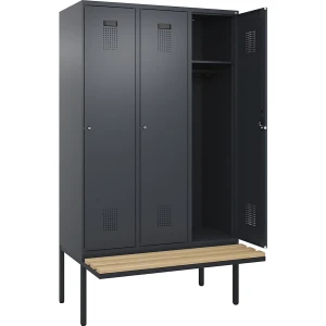 Spind Evolo PLUS Sitzbank, 3 Abteile, grau, B 1200 mm, Zylinderschloss, mit auskragender Sitzbank, Buche kaiserkraft