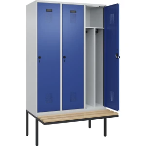 kaiserkraft Schwarz-Weiß-Spind Evolo PLUS Sitzbank, schmal, 3 Abteile, verkürzte Trennwand mittig, lichtgrau / enzianblau, B 1200 mm,