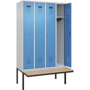Spind Evolo PLUS Sitzbank, 4 Abteile, lichtgrau / lichtblau, B 1200 mm, Zylinderschloss, mit auskragender Sitzbank, Buche kaiserkraft