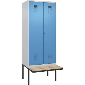 kaiserkraft Schwarz-Weiß-Spind Evolo PLUS Sitzbank, 2 Abteile, verkürzte Trennwand mittig, lichtgrau / lichtblau, B 800 mm, Zylinderschloss, mit