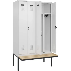kaiserkraft Schwarz-Weiß-Spind Evolo PLUS Sitzbank, 4 Abteile, verkürzte Trennwand mittig, weiß, B 1200 mm, Sicherheits-Drehriegel, mit auskragender