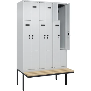 Z-Spind Evolo PLUS Sitzbank, 3 Abteile, lichtgrau / lichtgrau, B 1200 mm, Sicherheits-Drehriegel, mit auskragender Sitzbank, Buche kaiserkraft