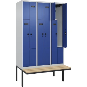 Z-Spind Evolo PLUS Sitzbank, 3 Abteile, lichtgrau / enzianblau, B 1200 mm, Sicherheits-Drehriegel, mit auskragender Sitzbank, Buche kaiserkraft