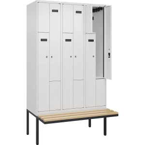 Z-Spind Evolo PLUS Sitzbank, 3 Abteile, weiß, B 1200 mm, Zylinderschloss, mit auskragender Sitzbank, Buche kaiserkraft