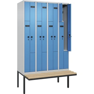 Z-Spind Evolo PLUS Sitzbank, 4 Abteile, lichtgrau / lichtblau, B 1200 mm, Sicherheits-Drehriegel, mit auskragender Sitzbank, Buche kaiserkraft