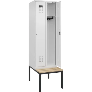 Spind Evolo PLUS Sitzbank, 2 Abteile, weiß, B 600 mm, Zylinderschloss, mit untergebauter Sitzbank, Buche kaiserkraft