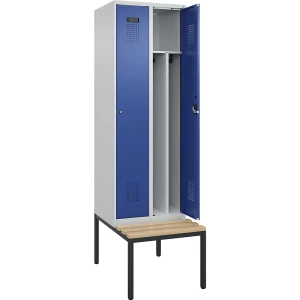 kaiserkraft Schwarz-Weiß-Spind Evolo PLUS Sitzbank, schmal, 2 Abteile, verkürzte Trennwand mittig, lichtgrau / enzianblau, B 600 mm, Zylinderschloss,