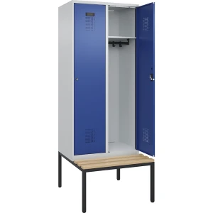 Spind Evolo PLUS Sitzbank, 2 Abteile, lichtgrau / enzianblau, B 800 mm, Zylinderschloss, mit untergebauter Sitzbank, Buche kaiserkraft
