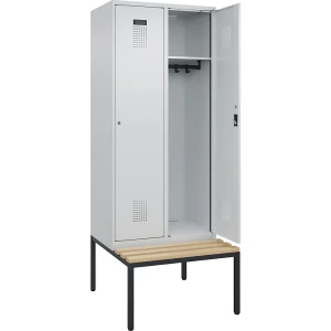 Spind Evolo PLUS Sitzbank, 2 Abteile, lichtgrau / lichtgrau, B 800 mm, Zylinderschloss, mit untergebauter Sitzbank, Buche kaiserkraft