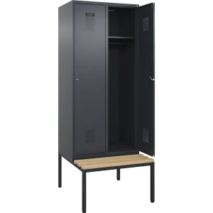 Spind Evolo PLUS Sitzbank, 2 Abteile, grau, B 800 mm, Zylinderschloss, mit untergebauter Sitzbank, Buche kaiserkraft