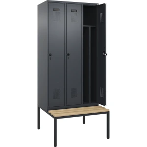 kaiserkraft Schwarz-Weiß-Spind Evolo PLUS Sitzbank, schmal, 3 Abteile, verkürzte Trennwand mittig, grau, B 900 mm, Sicherheits-Drehriegel, mit