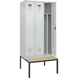 kaiserkraft Schwarz-Weiß-Spind Evolo PLUS Sitzbank, schmal, 3 Abteile, verkürzte Trennwand mittig, lichtgrau / lichtgrau, B 900 mm, Zylinderschloss,
