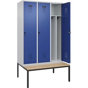kaiserkraft Schwarz-Weiß-Spind Evolo PLUS Sitzbank, schmal, 3 Abteile, verkürzte Trennwand mittig, lichtgrau / enzianblau, B 1200 mm,