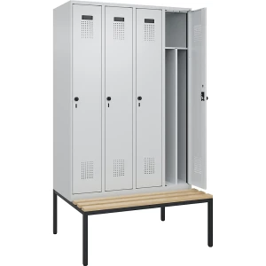 kaiserkraft Schwarz-Weiß-Spind Evolo PLUS Sitzbank, schmal, 4 Abteile, verkürzte Trennwand mittig, lichtgrau / lichtgrau, B 1200 mm,