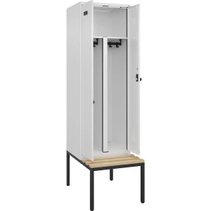 kaiserkraft Schwarz-Weiß-Spind Evolo PLUS Sitzbank, 2 Abteile, verkürzte Trennwand mittig, weiß, B 600 mm, Sicherheits-Drehriegel, mit untergebauter