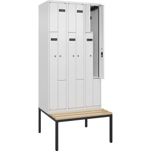 Z-Spind Evolo PLUS Sitzbank, 3 Abteile, weiß, B 900 mm, Zylinderschloss, mit untergebauter Sitzbank, Buche kaiserkraft