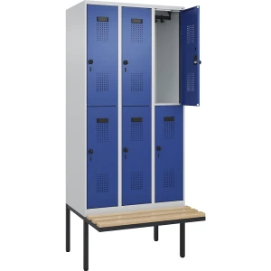 kaiserkraft Doppelstock-Spind Evolo PLUS Sitzbank, 3 Abteile, lichtgrau / enzianblau, B 900 mm, Sicherheits-Drehriegel, mit auskragender Sitzbank,