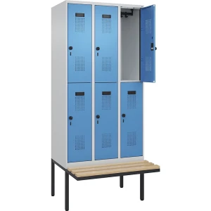 kaiserkraft Doppelstock-Spind Evolo PLUS Sitzbank, 3 Abteile, lichtgrau / lichtblau, B 900 mm, Sicherheits-Drehriegel, mit auskragender Sitzbank,