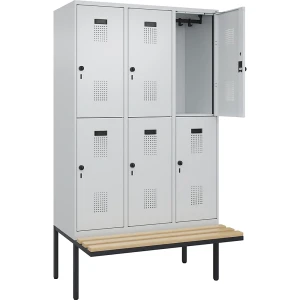 kaiserkraft Doppelstock-Spind Evolo PLUS Sitzbank, 3 Abteile, lichtgrau / lichtgrau, B 1200 mm, Sicherheits-Drehriegel, mit auskragender Sitzbank,
