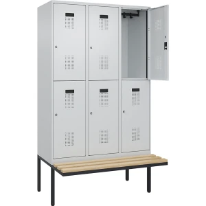 Doppelstock-Spind Evolo PLUS Sitzbank, 3 Abteile, lichtgrau / lichtgrau, B 1200 mm, Zylinderschloss, mit auskragender Sitzbank, Buche kaiserkraft