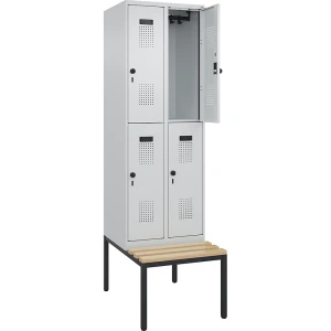 kaiserkraft Doppelstock-Spind Evolo PLUS Sitzbank, 2 Abteile, lichtgrau / lichtgrau, B 600 mm, Sicherheits-Drehriegel, mit untergebauter Sitzbank,