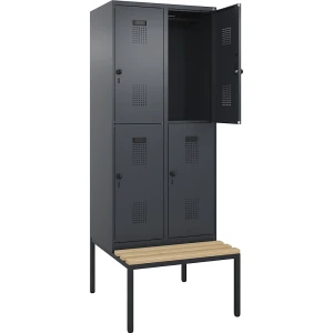 Doppelstock-Spind Evolo PLUS Sitzbank, 2 Abteile, grau, B 800 mm, Sicherheits-Drehriegel, mit untergebauter Sitzbank, Buche kaiserkraft