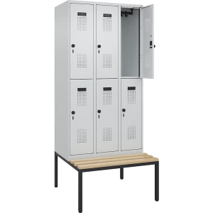kaiserkraft Doppelstock-Spind Evolo PLUS Sitzbank, 3 Abteile, lichtgrau / lichtgrau, B 900 mm, Sicherheits-Drehriegel, mit untergebauter Sitzbank,