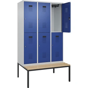Doppelstock-Spind Evolo PLUS Sitzbank, 3 Abteile, lichtgrau / enzianblau, B 1200 mm, Zylinderschloss, mit untergebauter Sitzbank, Buche kaiserkraft