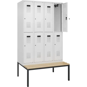 Doppelstock-Spind Evolo PLUS Sitzbank, 4 Abteile, weiß, B 1200 mm, Zylinderschloss, mit untergebauter Sitzbank, Buche kaiserkraft