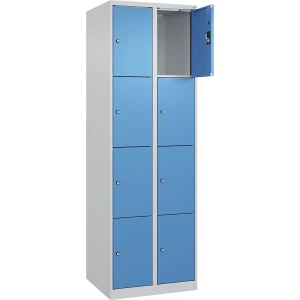 4er-Schließfachschrank Evolo PLUS, 2 Abteile, lichtgrau / lichtblau, B 600 mm, 8 Fächer, mit Bodengleitern, Zylinderschloss kaiserkraft