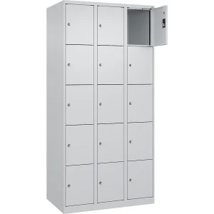 5er-Schließfachschrank Evolo PLUS, 3 Abteile, lichtgrau, B 900 mm, 15 Fächer, mit Bodengleitern, Zylinderschloss kaiserkraft