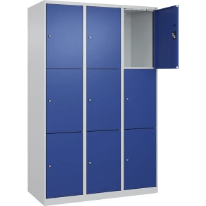3er-Schließfachschrank Evolo PLUS, 3 Abteile, lichtgrau / enzianblau, B 1200 mm, 9 Fächer, mit Bodengleitern, Zylinderschloss kaiserkraft