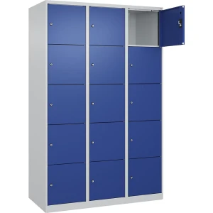 5er-Schließfachschrank Evolo PLUS, 3 Abteile, lichtgrau / enzianblau, B 1200 mm, 15 Fächer, mit Bodengleitern, Zylinderschloss kaiserkraft