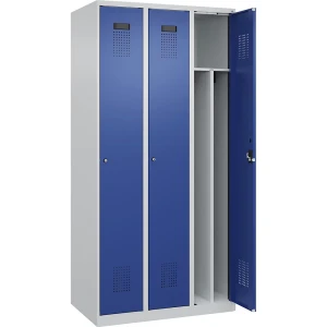 kaiserkraft Schwarz-Weiß-Spind Evolo PLUS, schmal, 3 Abteile, verkürzte Trennwand mittig, lichtgrau / enzianblau, B 900 mm, mit Bodengleitern,
