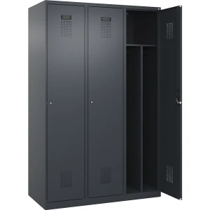 Schwarz-Weiß-Spind Evolo PLUS, schmal, 3 Abteile, verkürzte Trennwand mittig, grau, B 1200 mm, mit Bodengleitern, Zylinderschloss kaiserkraft