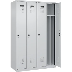 kaiserkraft Schwarz-Weiß-Spind Evolo PLUS, schmal, 4 Abteile, verkürzte Trennwand mittig, lichtgrau, B 1200 mm, mit Bodengleitern,